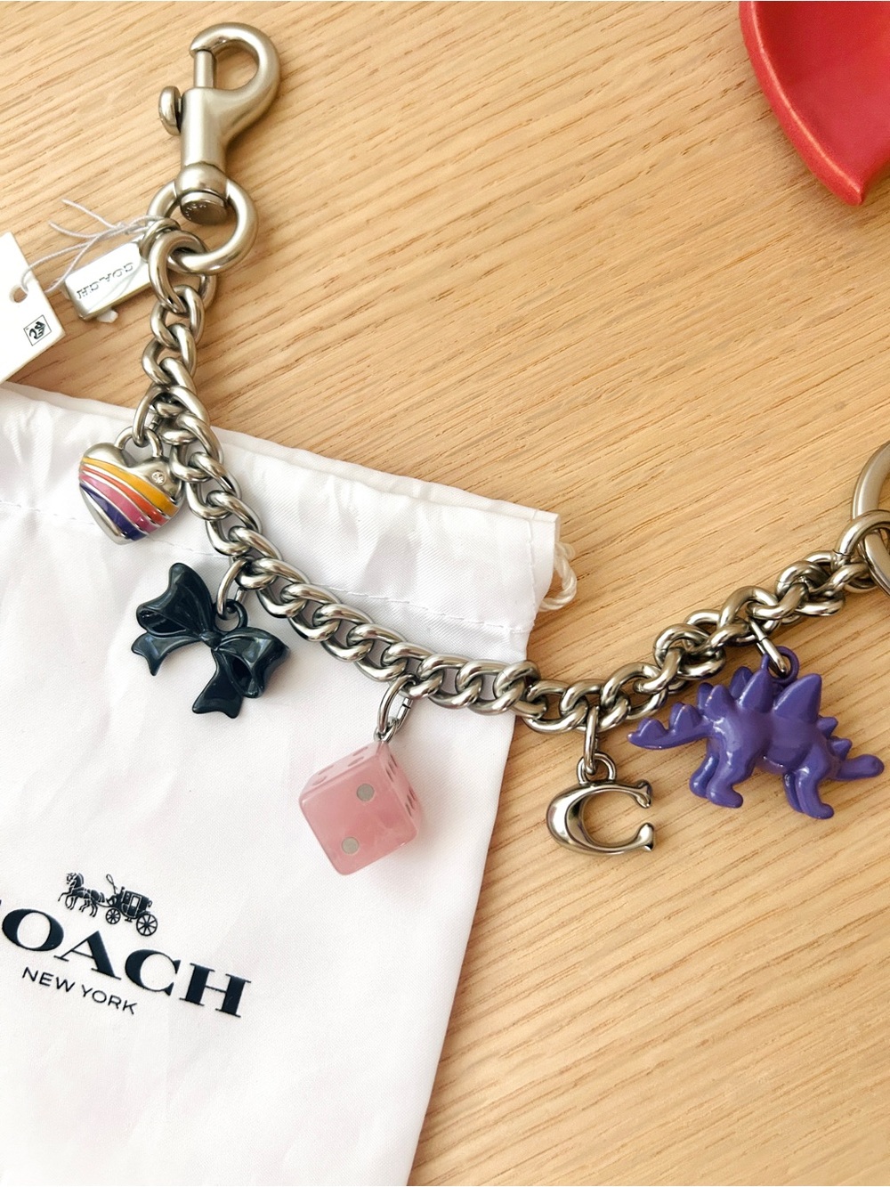 NWT🦖Coach Motif Chain Bag Charm CZ633 Playful Bow Heart Colorful Silver Key Ring - Picture 4 of 4